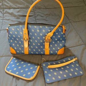 Dooney & Bourke Navy Blue and Tan Monogram Shoulder Bag, Wallets, Glasses Case .
